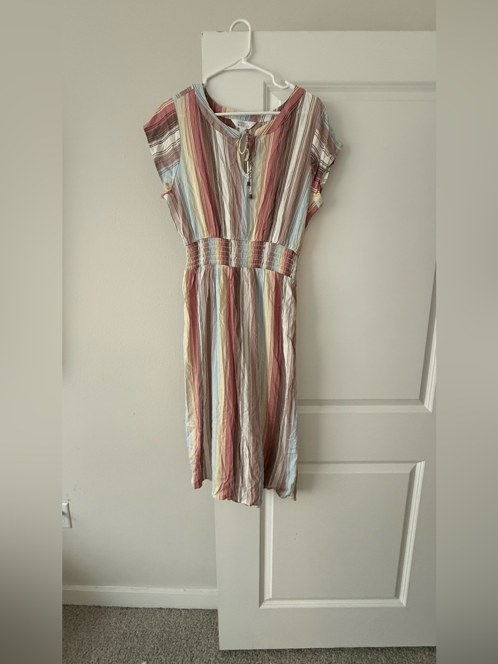 Market & Spruce Multicolor Striped Midi Dress in Pastel Reds, Blues & Yellows
